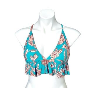 Time & Tru Floral Peplum Bikini Top Size Medium Aqua/Peach New With Tags